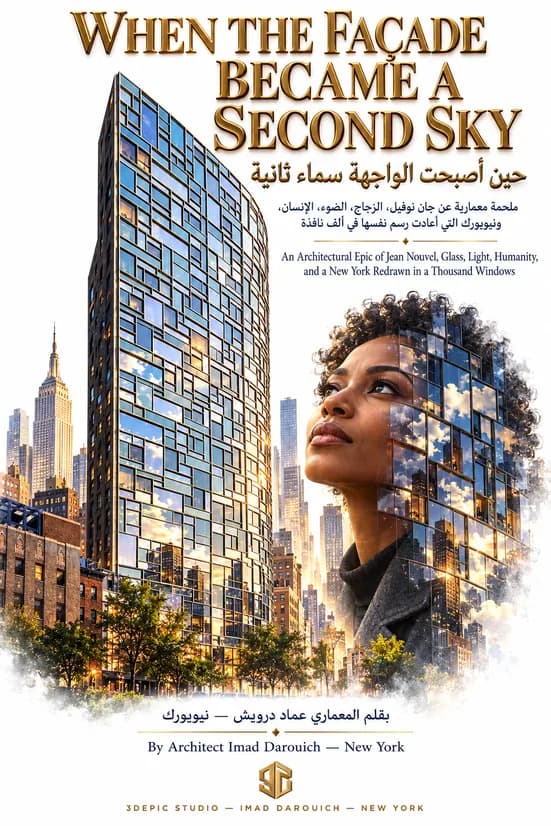 Cover for 100 Eleventh Avenue: the tower's patchwork glass façade reflecting the sky above Manhattan, beside a woman's face made of window panes