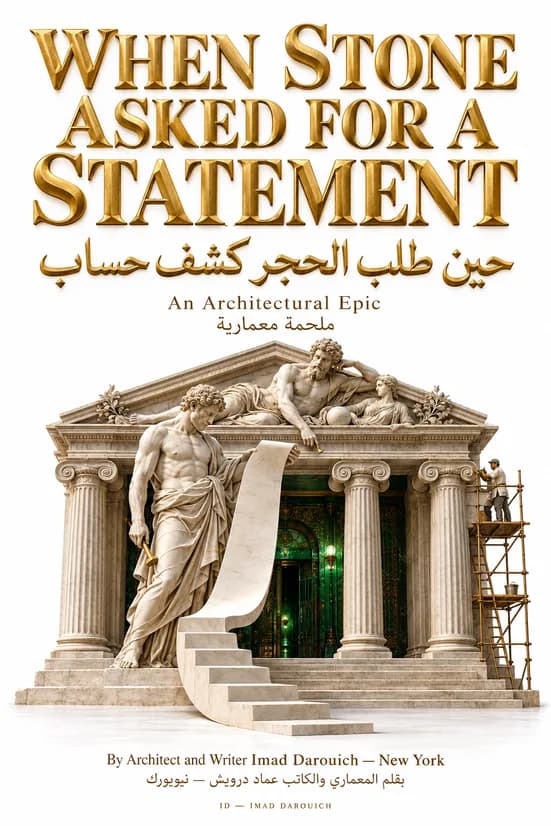 Cover art for the 181 Montague Street prose poem: a classical bank front with four columns and a sculpted pediment, a stone figure unrolling a long scroll down the steps and a worker on scaffolding at the side