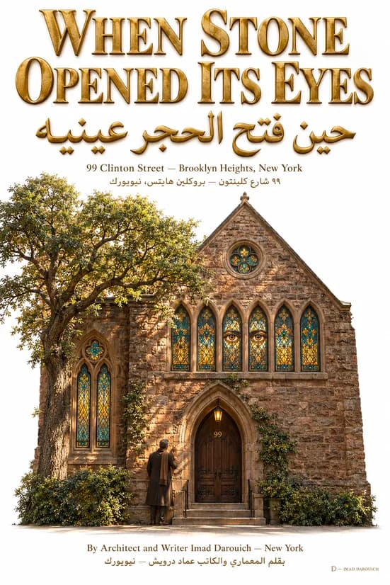 Cover art for the 99 Clinton Street Brooklyn prose poem: a small brownstone Gothic church with tall stained-glass windows, a lamp lit over the arched door, a leafy tree and a man at the steps
