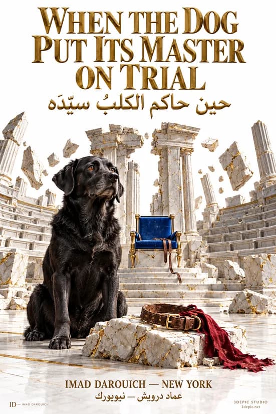 Cover for an abandoned dog poem: a black dog sits among broken marble columns and stone seats, an empty blue chair behind it and a collar with a red cloth on a block beside it.