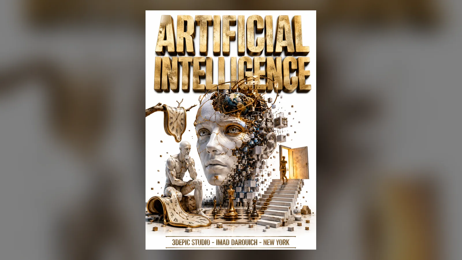 Cover titled Artificial Intelligence: a cracked marble face breaking into cubes beside a seated thinker, a melting clock and a chessboard, for Imad's poem about AI