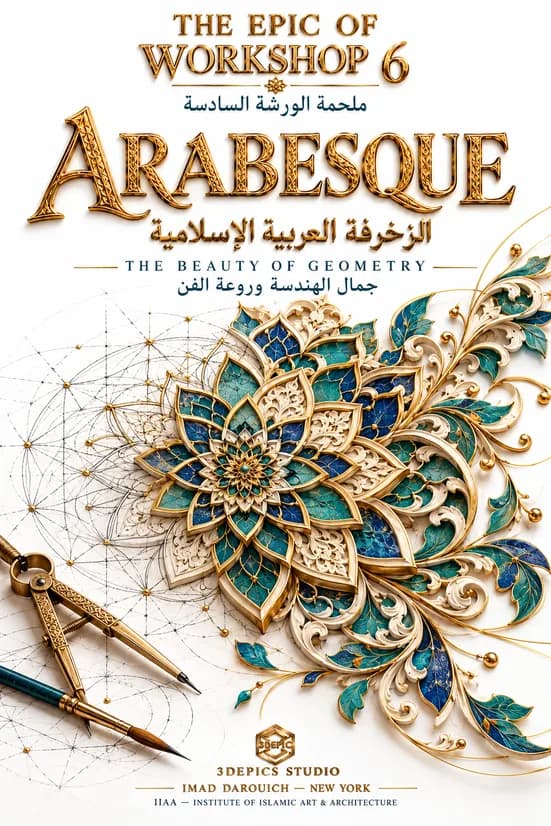 Imad's cover for a story on arabesque in Islamic art: a gold and teal arabesque flower beside a compass, a pen and sketched geometric circles