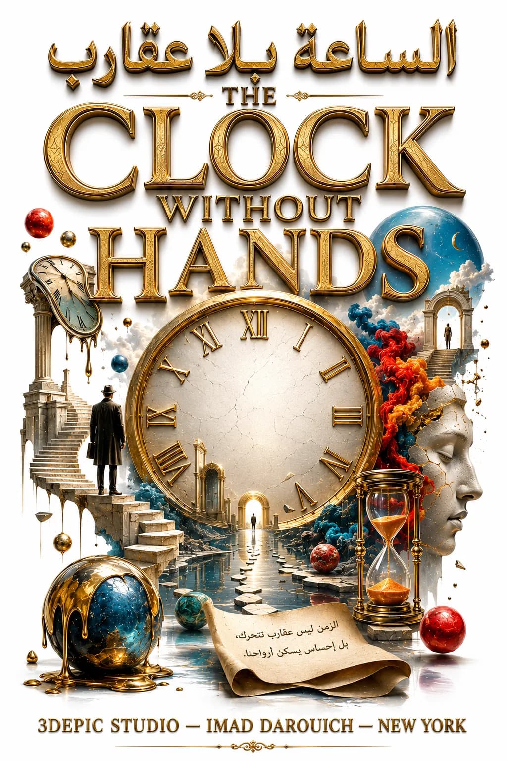 Second cover for The Clock Without Hands: a cracked golden clock face with a path running into it, a melting clock, an hourglass and a stone face, and a scroll with an Arabic line.