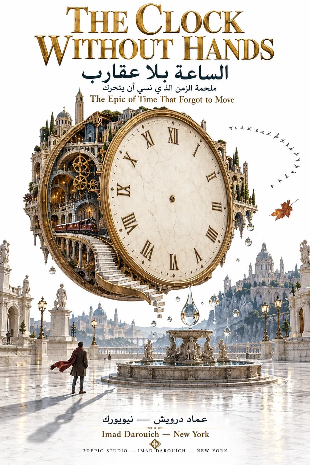 Third cover: a huge handless clock holding a city of arches and a train, floating above a marble square with a fountain and a man in a red scarf.