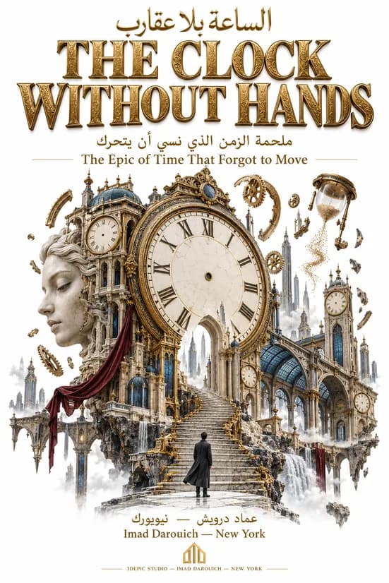 Cover for an Arabic poem about time: a handless clock rises among towers, gears and stairs, with a stone face, a red curtain and a man in a coat climbing toward it.