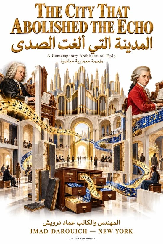 Imad Darouich's cover for Bach and Mozart: the two composers at keyboards in a vaulted hall of organ pipes, with ribbons of notes and an open cabinet of drawers