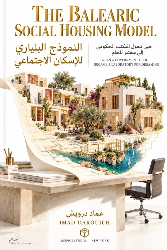 Cover art for the Balearic social housing model prose poem: low stone houses with olive trees and a pool rising out of a paper plan unrolled across an office desk