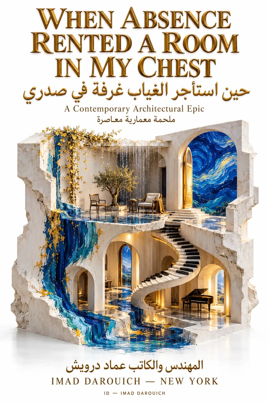 A second cover: a cut-away stone house with a courtyard, an olive tree, two chairs, a staircase of piano keys and a grand piano, with blue paint pouring down one side like a night sky