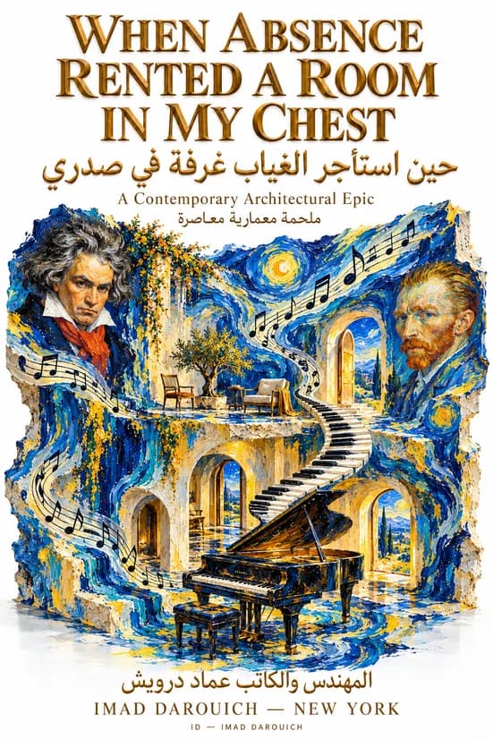Imad's cover for his piece on Beethoven and Van Gogh: portraits of the two men frame a stone house painted in swirling blue and yellow, with a grand piano, a staircase of piano keys and lines of music notes
