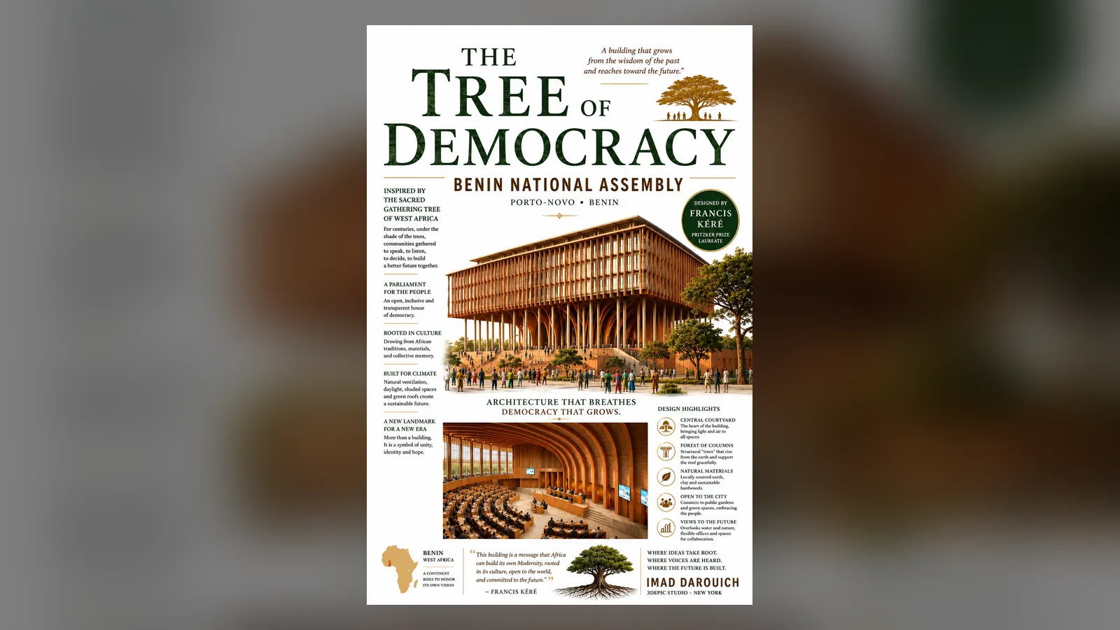 A parliament raised on tree-like columns with timber arches, the Benin National Assembly building