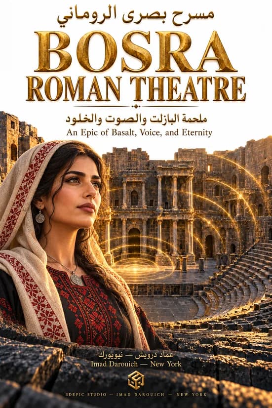 Cover of Bosra Roman Theatre: a woman in an embroidered dress and white headscarf in the basalt tiers, with rings of golden light over the stage