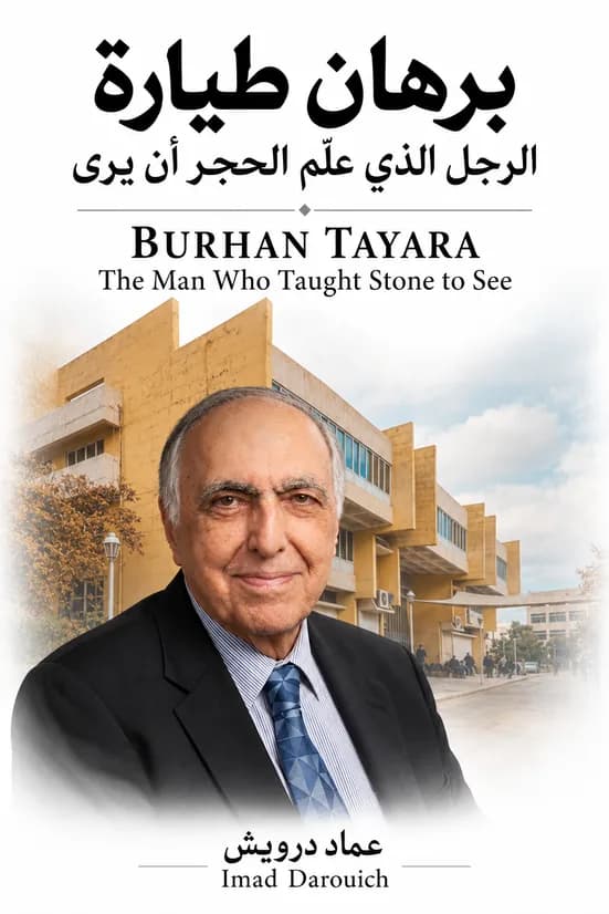 Cover of Imad's Bourhan Tayara tribute: a portrait of the architect in front of an ochre modernist building with long horizontal windows
