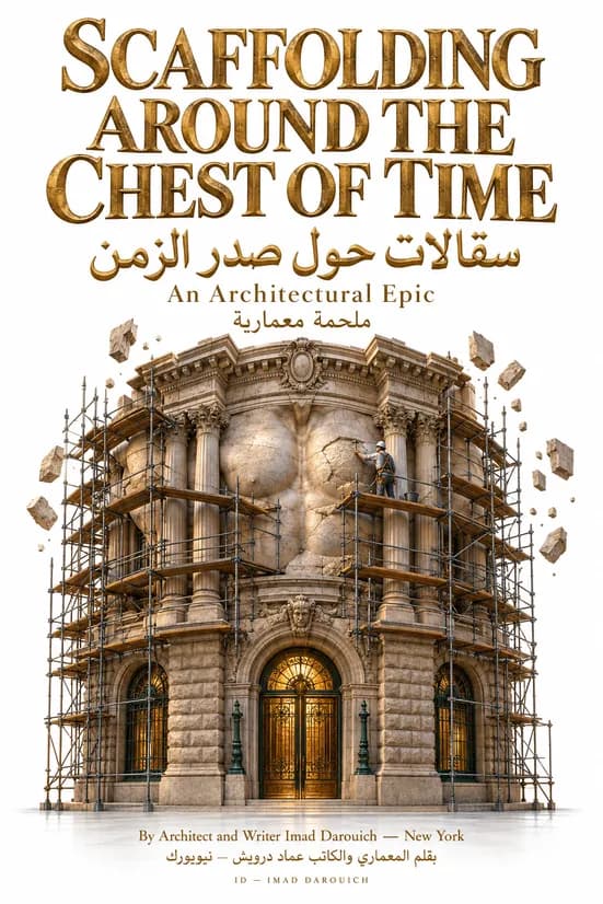 Cover art for the Brooklyn Trust Company Building prose poem: an ornate stone bank wrapped in scaffolding, its arched doorways glowing gold and loose stones floating around it