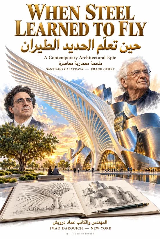 Cover for Calatrava and Gehry: portraits of both architects beside white ribbed wings rising over a titanium building, with their sketches in an open notebook
