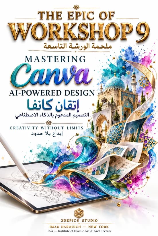 Cover art for Imad's Canva founder story: a stylus on a tablet releasing watercolour waves, a domed building and floating design cards