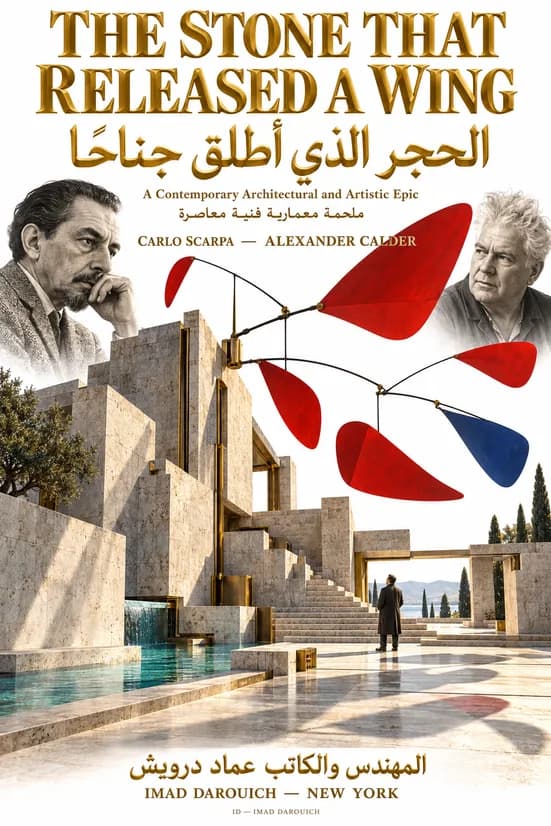 Imad Darouich's cover for Carlo Scarpa and Alexander Calder: a red and blue mobile turning above stepped stone terraces and a pool, with portraits of the two men