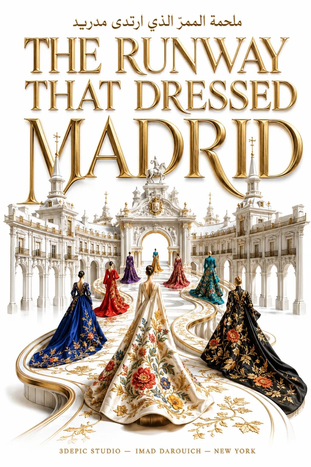 A white runway curving through an arcaded square, with models in blue, red, black and embroidered gowns walking away from the viewer