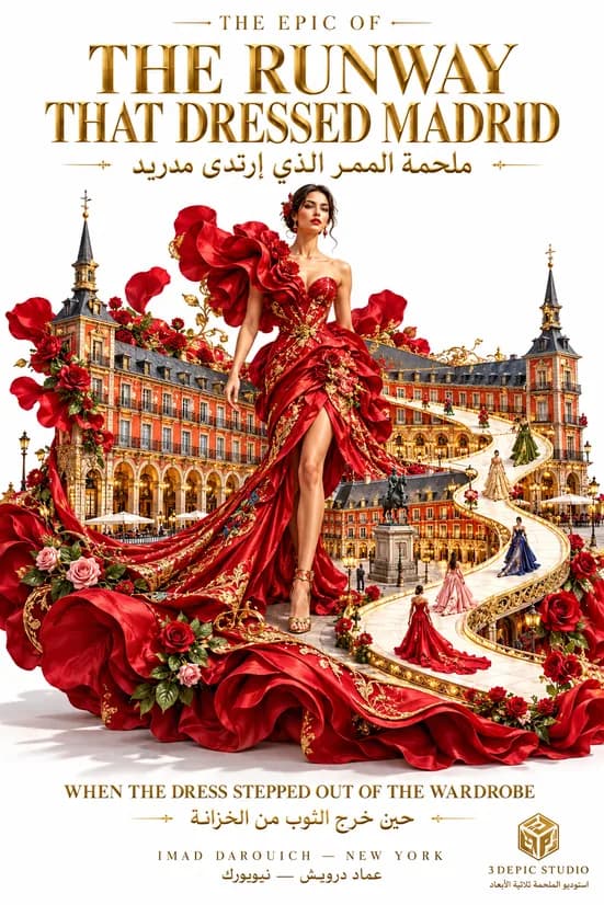 Imad's cover for his Carolina Herrera Plaza Mayor epic: a model in a red gown of roses on a winding runway before the arcaded square in Madrid