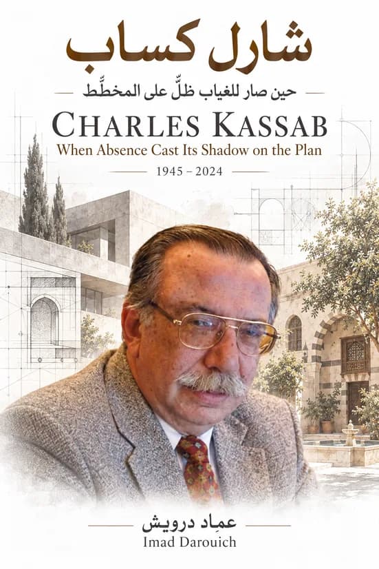 Cover of Imad's Charles Kassab tribute: a portrait of the architect in glasses before a pencil-drawn Damascus courtyard house with cypress trees