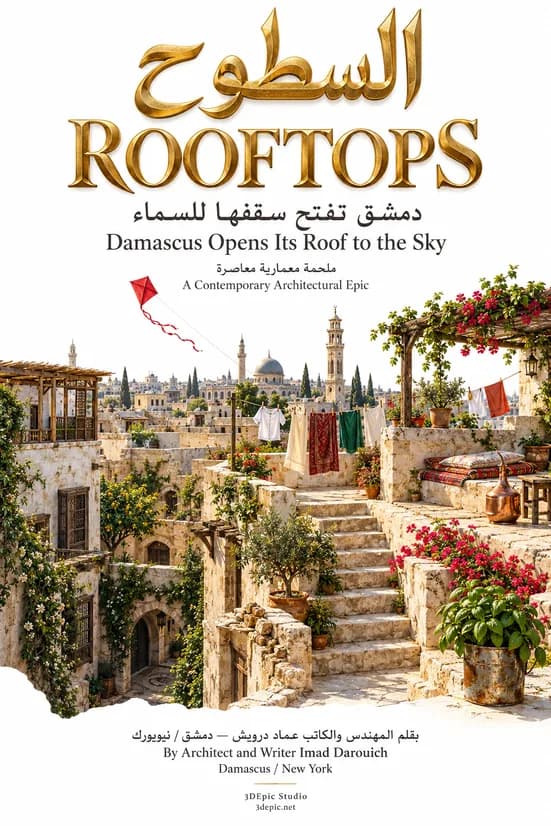 Cover of Rooftops: Damascus rooftops with stone stairs, red geraniums, drying laundry and a red kite above minarets and domes