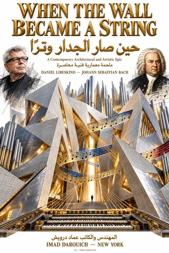 Cover for Daniel Libeskind and Bach: portraits of the architect and the composer above angular stone walls threaded with organ pipes, musical staves and a keyboard