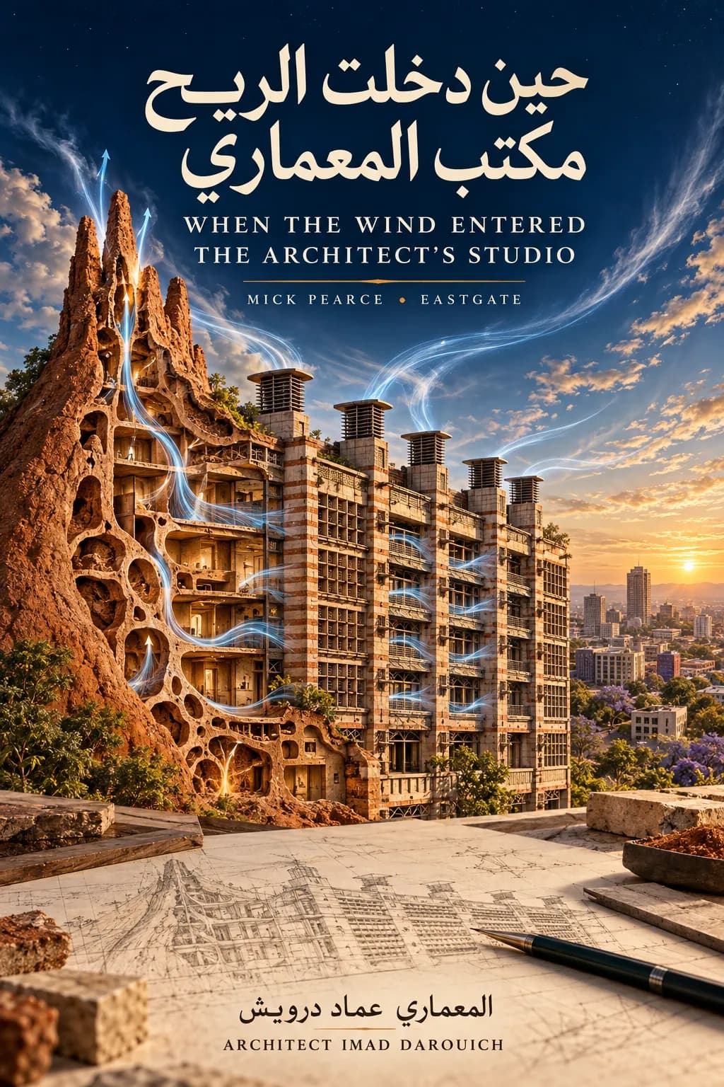 A second cover for the poem: the termite mound and the building at sunset above a city, with architectural drawings and a pen on a desk in front