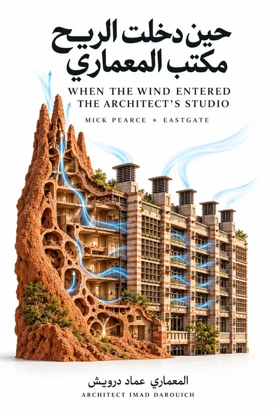 Cover art for the Eastgate Centre Harare poem: a red-earth termite mound grown into the side of a pale multi-storey building, with blue currents of air running through both