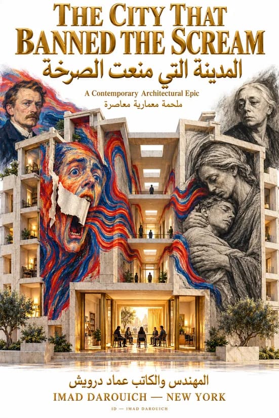 Imad Darouich's cover for Edvard Munch and Käthe Kollwitz: an apartment block whose walls carry a taped screaming face and a mother holding her son
