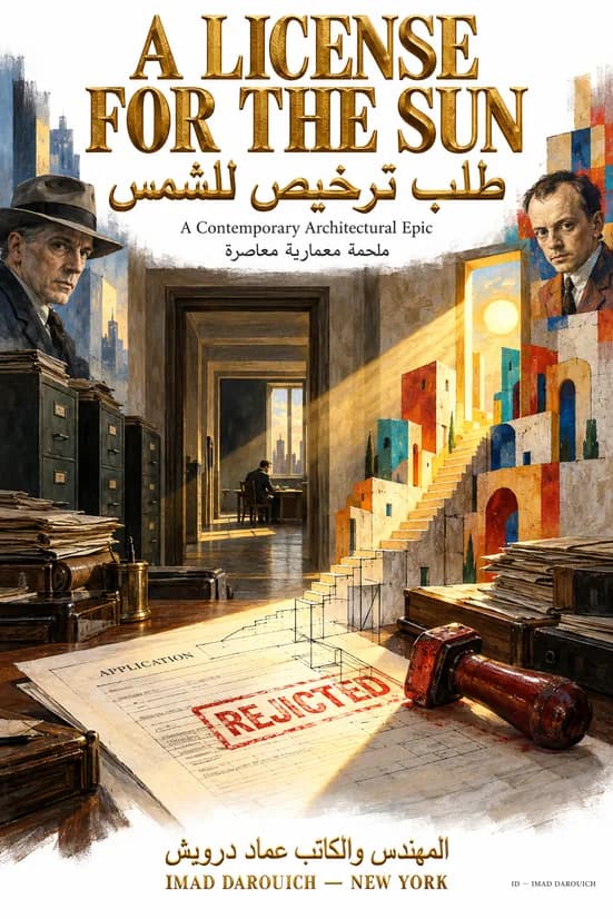 Imad Darouich's cover for Edward Hopper and Paul Klee: a shaft of sunlight crossing a filing office onto a form stamped rejected, beside a colored stair of small houses
