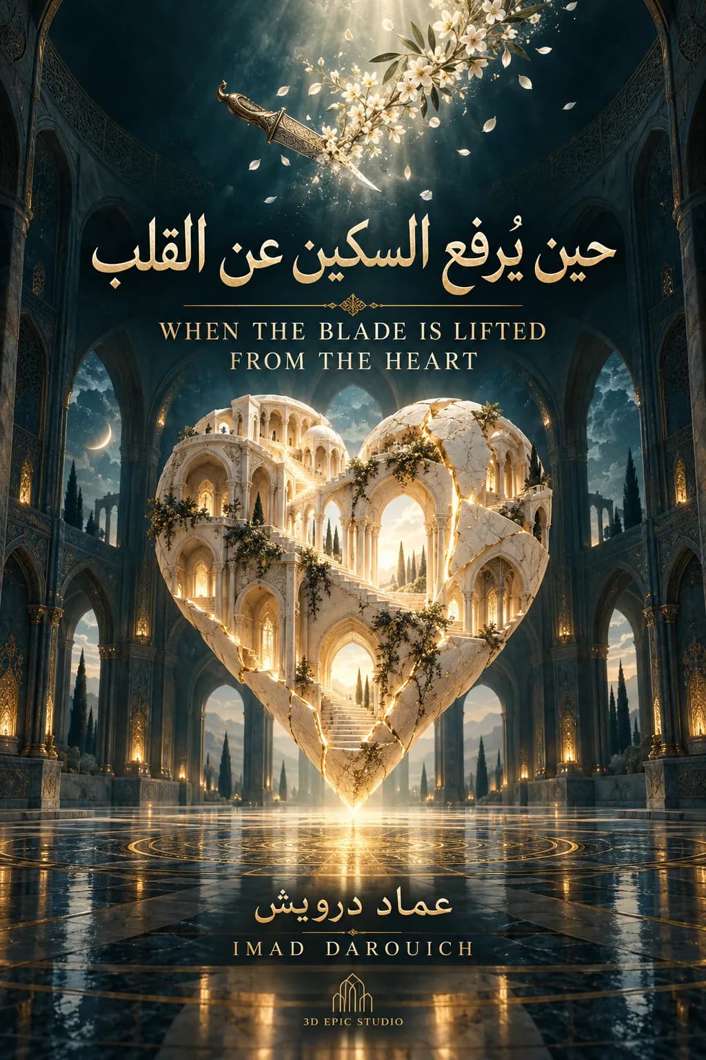 Night version of the same cover: the stone heart glows with lamps in a dark arched hall under a crescent moon, a dagger and blossoms overhead.