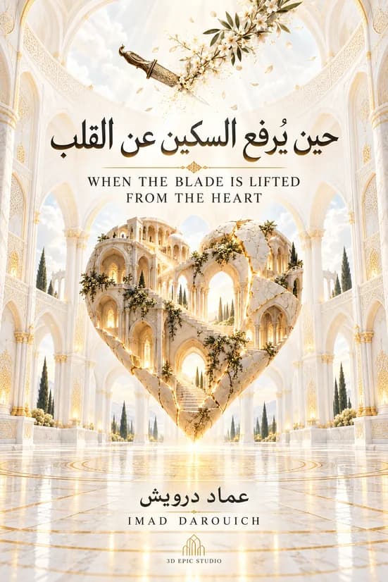 Cover for an Eid al-Adha poem: a heart carved from white stone arches and stairs stands in a bright arcaded hall, with a dagger and white blossoms floating above it.