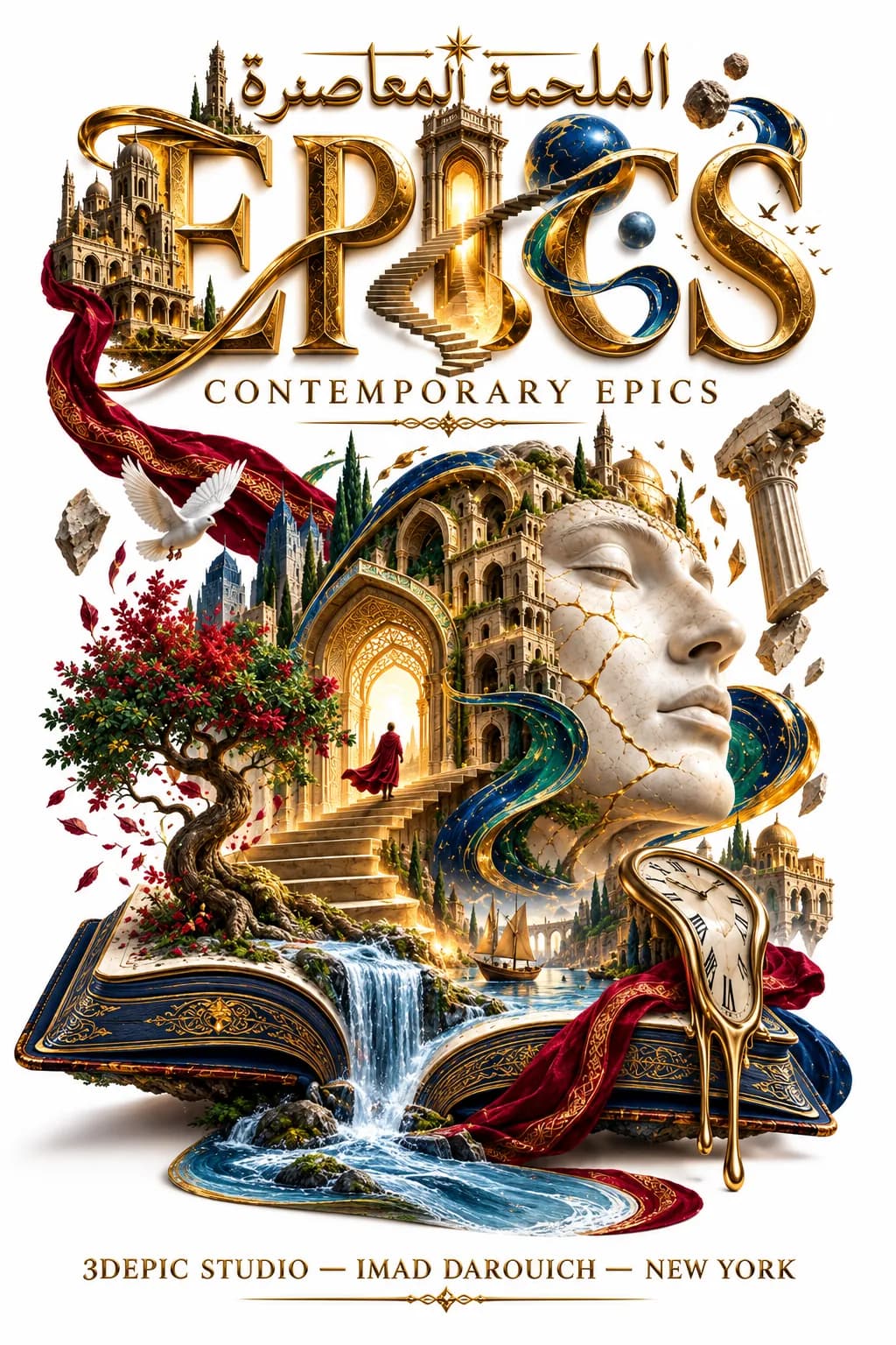 EPICS cover: golden letters wrapped in a red ribbon above a classical face, a tree, a waterfall pouring from an open book and a melting clock