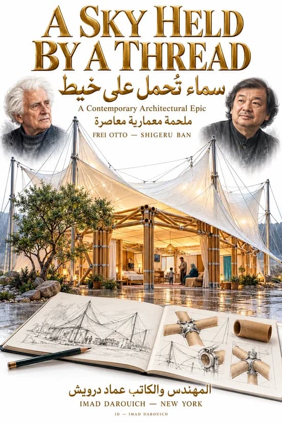 Cover of A Sky Held by a Thread: portraits of Frei Otto and Shigeru Ban above a membrane roof on masts and cables sheltering a paper-tube house where a family rests, with sketches of tube joints