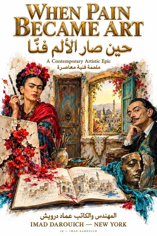 Imad's cover for his piece on Frida Kahlo and Salvador Dalí: Frida with red flowers in her hair holds a brush, Dalí rests his chin on his hand, and between them stand an old wooden door, a window over a domed city and an open sketchbook