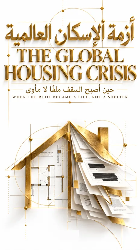 Gold line drawing of a house whose roof turns into a stack of paper files, the cover image for this story of the global housing crisis