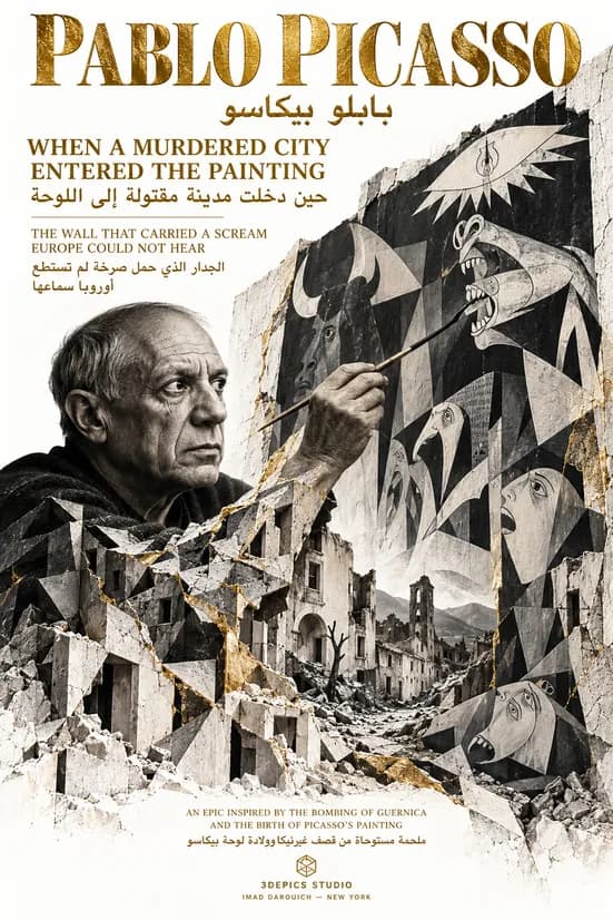 Imad's cover for his prose poem on the Guernica painting: Picasso, brush raised, paints black and white figures of a horse, a bull and screaming faces on a cracked wall above the ruins of a town