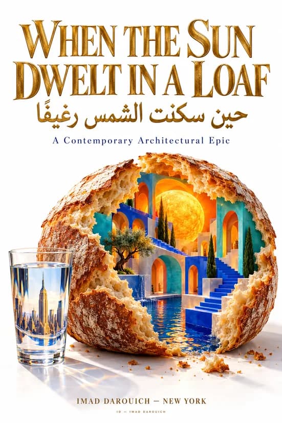 Imad's cover for a poem on a hadith about contentment: a broken loaf opening onto a sunlit courtyard, beside a glass of water reflecting Manhattan
