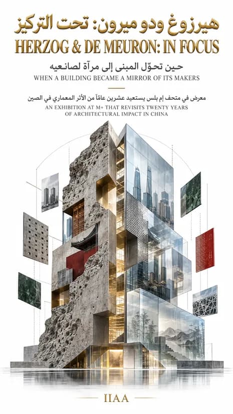 Cover art for the Herzog & de Meuron M+ exhibition prose poem: a tall sculptural tower of perforated stone and glass, with facade panels and material samples floating around it