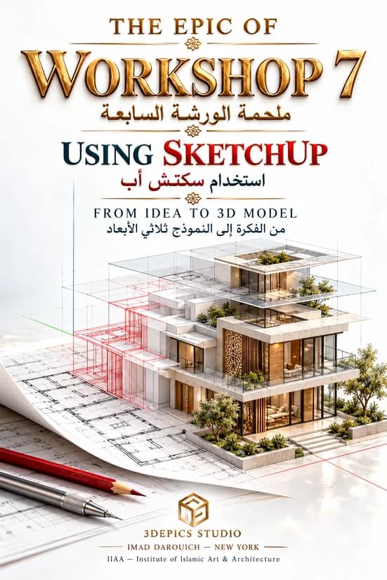 Imad's cover for his history of SketchUp workshop: a terraced house rising in glass and stone layers from a floor plan, with red and grey pencils