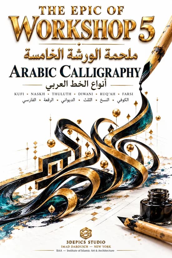 Imad's cover for a story on Ibn Muqla: gold and black Arabic letters flowing from a reed pen beside an inkwell