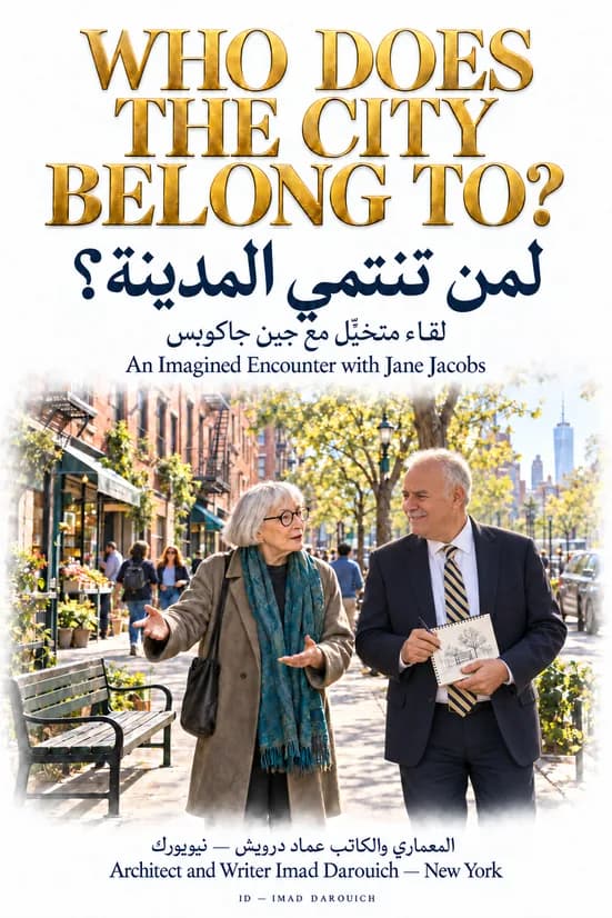 Imad Darouich's cover on Jane Jacobs urban planning: Jacobs, in round glasses and a scarf, walks a tree-lined New York street with an architect holding a sketch of a bench