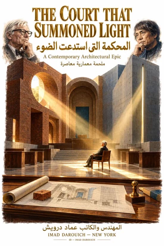 Cover of The Court That Summoned Light, a Kafkaesque short story: Louis Kahn and Tadao Ando look down on a brick and concrete courtroom where an old man sits in a beam of sunlight