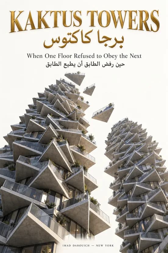 Cover art for the Kaktus Towers Copenhagen poem: two pale concrete towers whose rotated floors and planted terraces stick out like spines, a few floor plates floating loose above them