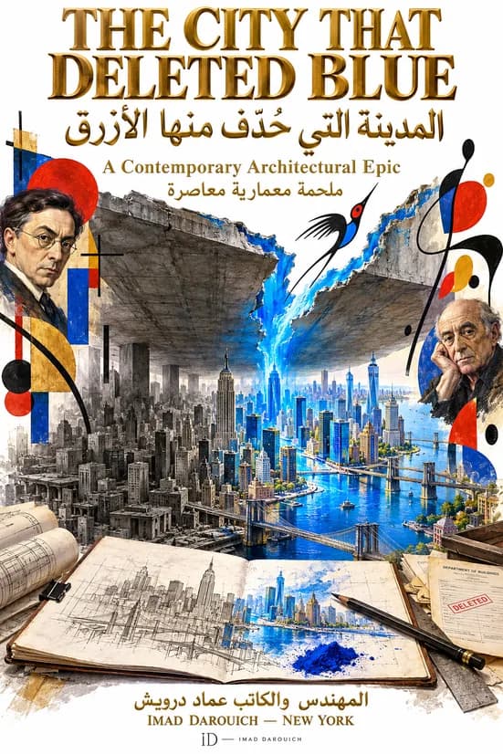 Imad's cover for his piece on Kandinsky and Miró: a gray concrete ceiling over a gray New York cracks open and blue pours down onto the river and the Brooklyn Bridge, with portraits of the two painters among colored shapes and a sketchbook below