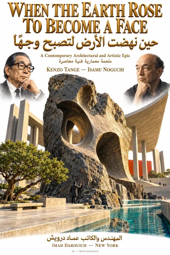 Cover for Kenzo Tange and Isamu Noguchi: portraits of both men above a great carved stone with round openings, set between concrete columns and a reflecting pool