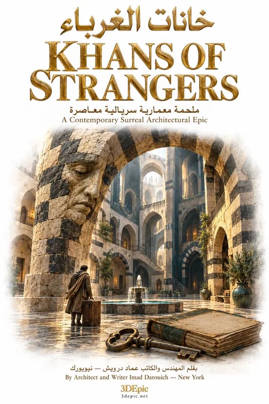 Cover of Khans of Strangers: a traveler with a suitcase in the courtyard of one of the khans of Damascus, a stone face in a striped arch, a ledger and an old key