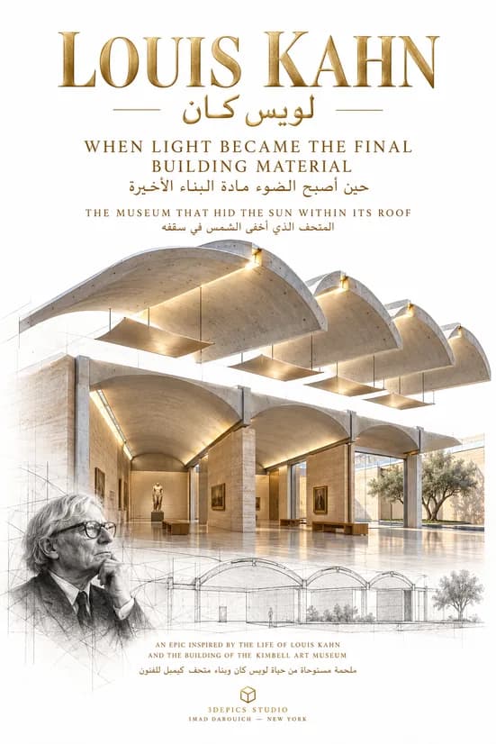 Cover of Louis Kahn: The Museum That Hid the Sun Within Its Roof, showing the Kimbell Art Museum's vaulted galleries with hanging light reflectors and a pencil portrait of Louis Kahn