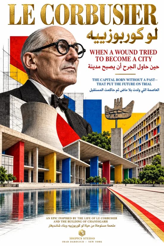 Cover for Le Corbusier and Chandigarh: the architect in round glasses above the concrete Capitol buildings with red, yellow and blue panels, the Open Hand on its mast and a long reflecting pool