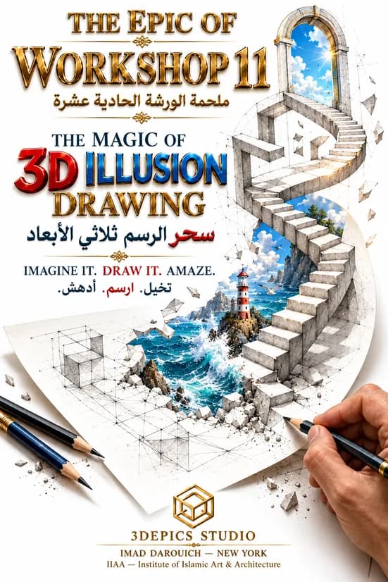 Imad's cover for his story on Leonardo da Vinci anamorphosis: a pencil-drawn staircase climbs off a sheet of paper toward an arched doorway in the sky, while a lighthouse and a breaking sea burst through the page