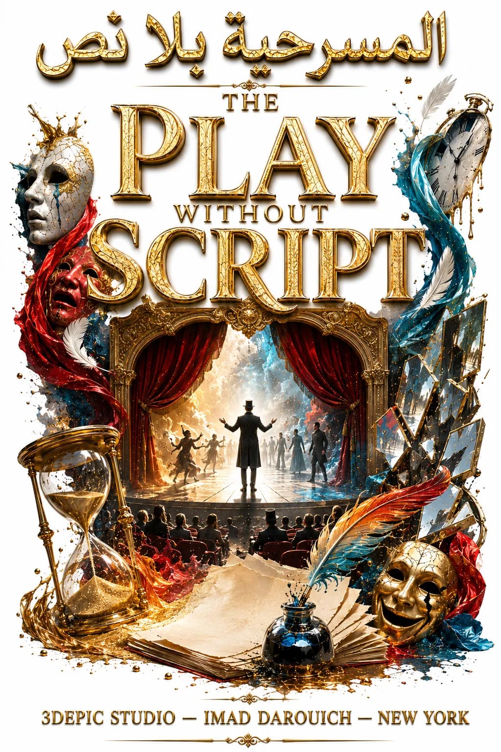 Second cover for The Play Without a Script: a man in a top hat opens his arms on a stage between red curtains, framed by theater masks, an hourglass, a quill and loose pages.